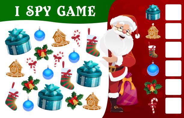 ilustraciones, imágenes clip art, dibujos animados e iconos de stock de niños navidad i espiar plantilla de juego educativo - christmas holiday vacations candy cane