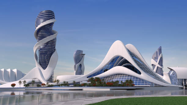 Futuristic architecture on a city skyline stock photo