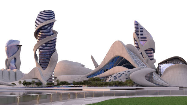 istock Futuristic city skyline with horizon clipping path 1351687232