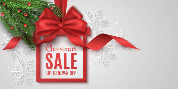 istock Gift box label for Christmas sale. Realistic red bow with curly ribbon and fir tree. Ad tag. Template to advertise your business promotions. Commercial discount event. Background of paper snowflakes 1351687604
