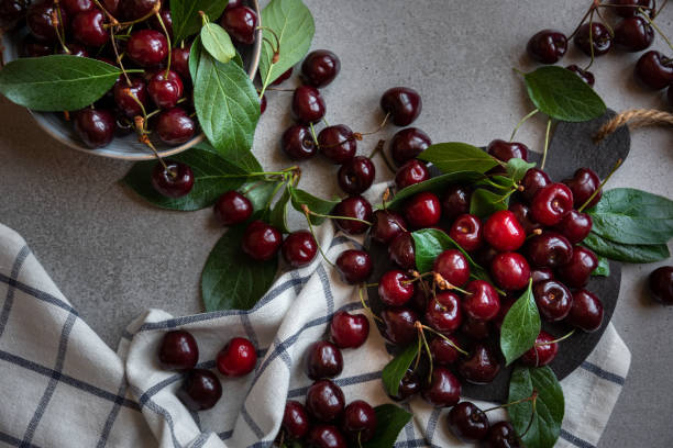istock Fresh ripe cherry fruit with leaves in a bowl 1351688604