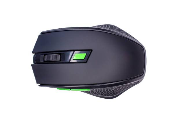 Black wireless mouse, top view of gamer mouse isolated on white background.