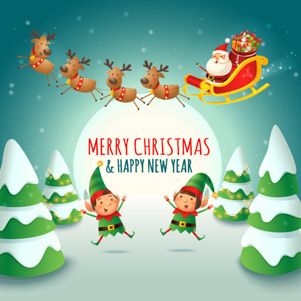 메리 크리스마스와 새해 복 많이 받으세요 - 산타 클로스 썰매와 엘프가 휴일을 축하합니다 - 겨울 밤 풍경 - santa claus elf christmas holiday stock illustrations