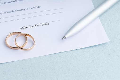 marriage contract form of prenuptial agreement with a pair of wedding rings