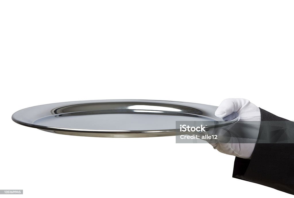 Segurando em branco prata tente contra fundo branco - Foto de stock de Bandeja royalty-free