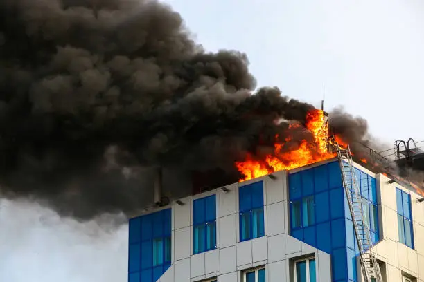 Fire on a roof of the high office building