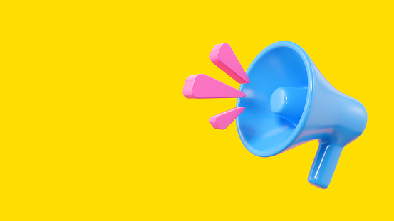 Minimal blue megaphone on yellow background. loudspeaker. Advertising or promotion banner with loudspeaker. 3D rendered image