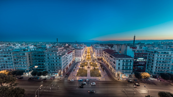 Panoramic aerial photo of Thessaloniki and Aristotelous Square at summer at twilight - dusk