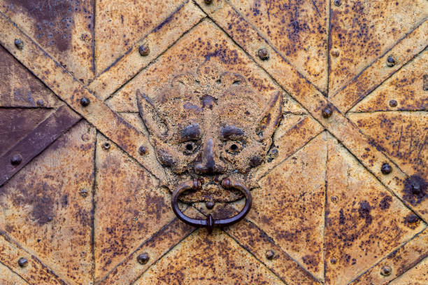 fragment of an old rusty iron door with a door knocker in the shape of a lion's head. - antique old fashioned close up color image imagens e fotografias de stock