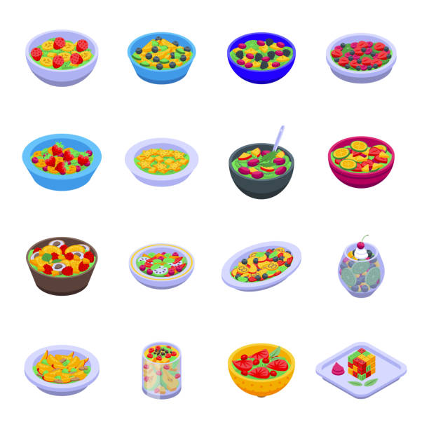 Fruit salad icons set. Fruit salad icons set. Isometric set of fruit salad vector icons for web design isolated on white background strawberry salad stock illustrations