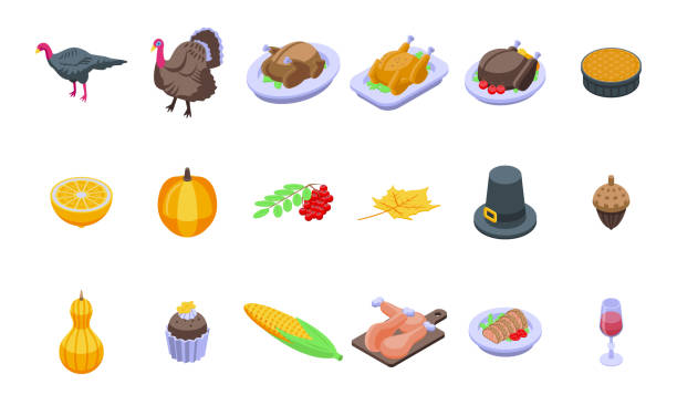 набор икон индейки на день благодарения. - thanksgiving dinner plate food stock illustrations