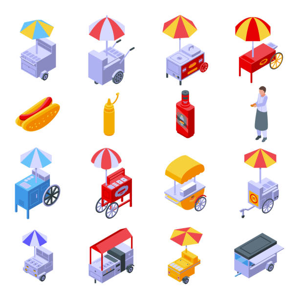 Hot dog cart icons set. Hot dog cart icons set. Isometric set of hot dog cart vector icons for web design isolated on white background hot dog stand stock illustrations