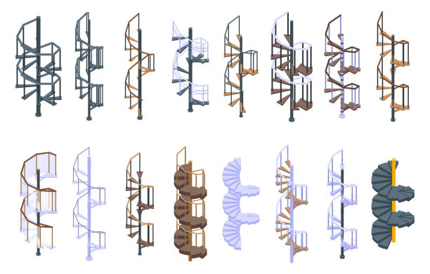 나선형 계단 아이콘 세트. - spiral staircase circle steps staircase stock illustrations