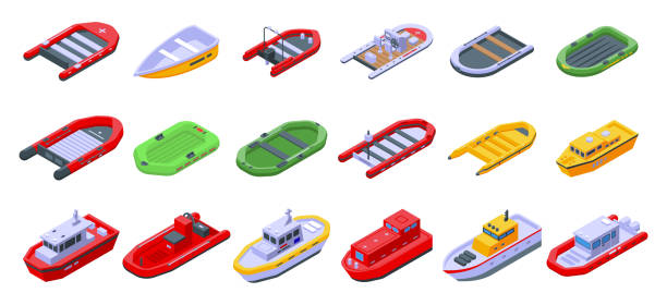 rettungsboot-symbole gesetzt. - schlauchboot stock-grafiken, -clipart, -cartoons und -symbole