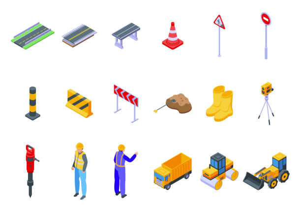 набор иконок строительства автомагистралей. - isometric truck earth mover construction stock illustrations