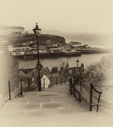 Old fashioned look on the 199 steps at Whitby