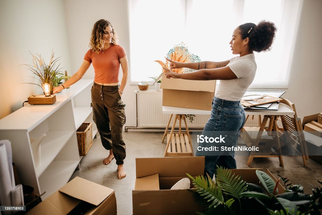 We start living together Two best friends are furnishing their new apartment together Apartment Stock Photo