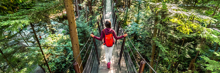 Bandera de estilo de vida de la gente de viaje de Canadá. Mujer turista caminando en la famosa atracción Capilano Suspension Bridge en North Vancouver, Columbia Británica, destino de vacaciones canadiense para el turismo photo