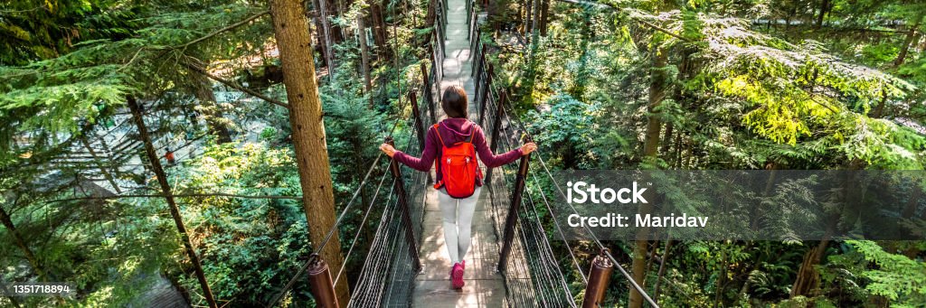 Canada travel people lifestyle banner. Tourist woman walking in famous attraction Capilano Suspension Bridge in North Vancouver, British Columbia, canadian vacation destination for tourism Canada travel people lifestyle banner. Tourist woman walking in famous attraction Capilano Suspension Bridge in North Vancouver, British Columbia, canadian vacation destination for tourism. Canada Stock Photo