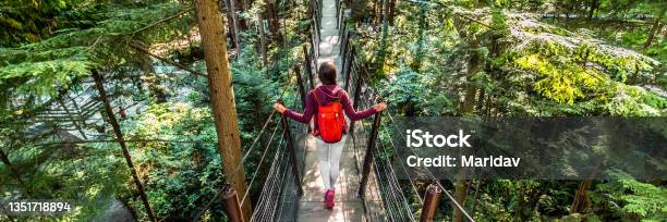Canada Travel People Lifestyle Banner Tourist Woman Walking In Famous Attraction Capilano Suspension Bridge In North Vancouver British Columbia Canadian Vacation Destination For Tourism Stock Photo - Download Image Now