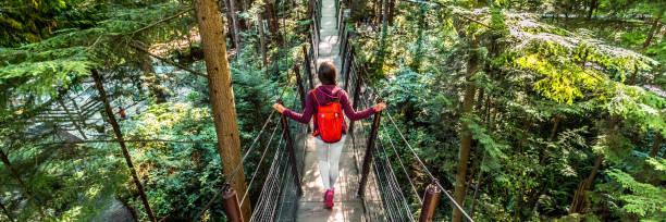 canadá viagens pessoas bandeira estilo de vida. mulher turista andando na famosa atração capilano suspension bridge em north vancouver, colúmbia britânica, destino de férias canadense para o turismo - vancouver suspension bridge bridge people - fotografias e filmes do acervo