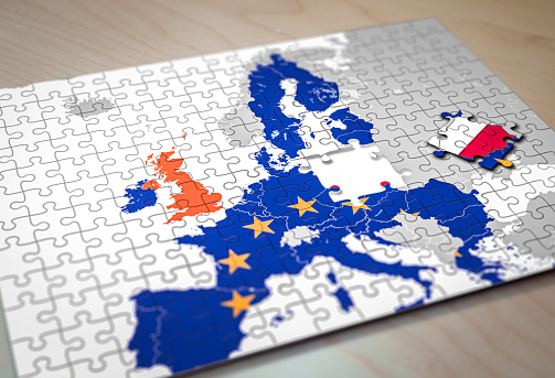 Puzzle of the Map of the European Union with the pieces corresponding to Poland taken out. Concept of Polexit. The Polish Constitutional court declares that several articles of the EU treaties are unconstitutional in its country