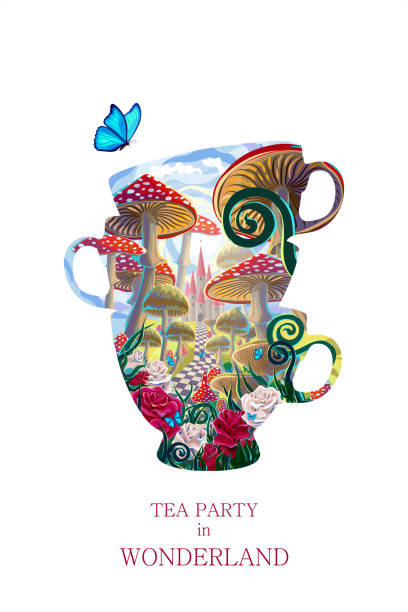ilustrações, clipart, desenhos animados e ícones de festa do chá louco. silhueta de xícaras de chá em fundo branco e paisagem fantástica do país das maravilhas com cogumelos, castelo, rosas vermelhas e brancas e borboletas. ilustração para conto de fadas wonderland - tea party illustrations