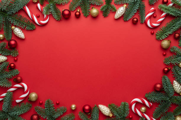 istock Christmas background with decorative frame of Christmas tree ornaments 1351728543