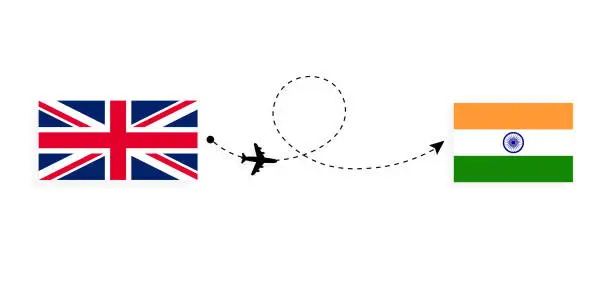 Vector illustration of Flight and travel from United Kingdom of Great Britain to India by passenger airplane Travel concept