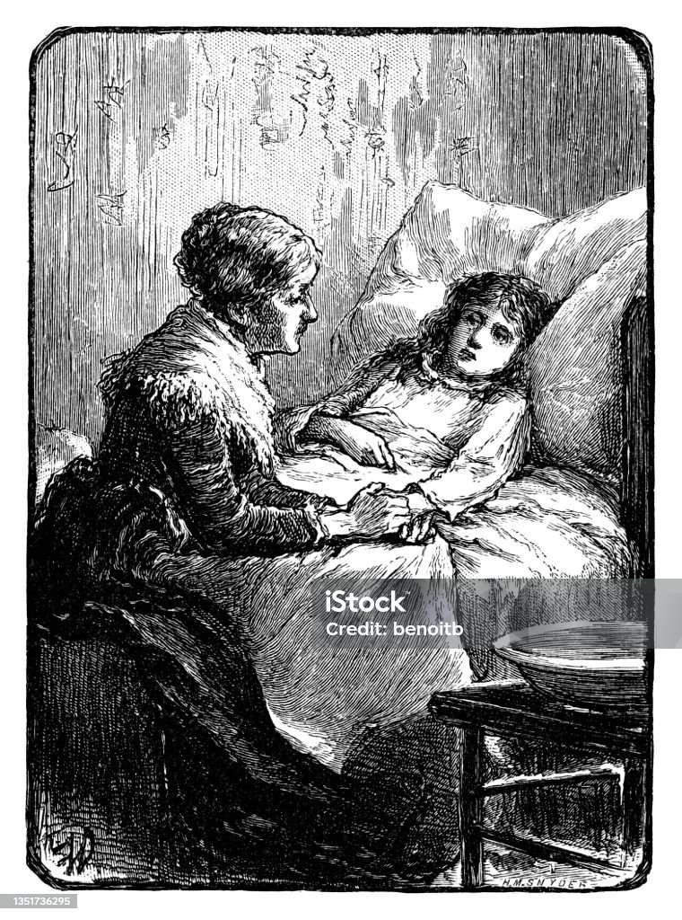 Mother with sick daughter Mother with sick daughter - Scanned Engraving 19th Century stock illustration Mother with sick daughter Mother with sick daughter - Scanned Engraving 19th Century stock illustration