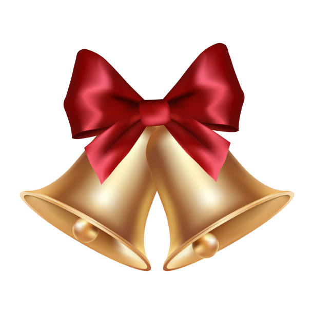 istock Volumetric realistic golden Christmas bell with red bow 1351738024