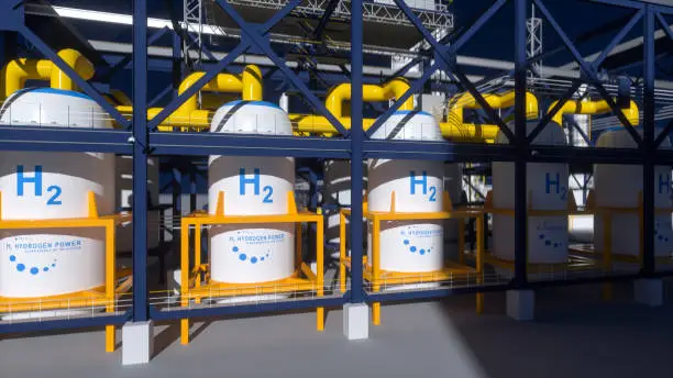Hydrogen renewable energy production - hydrogen gas for clean electricity solar and windturbine facility. 3d rendering.