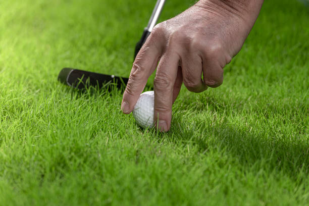 istock Close-up of golfer putting golf ball with hands on golf course. 1351740614