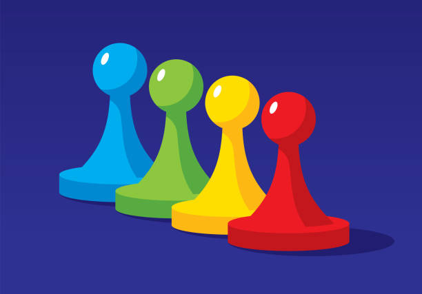 Board Game Pieces Flat Vector illustration of four multi-colored board game pieces against a blue background in flat style. board games stock illustrations