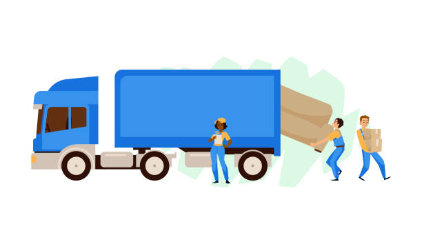 illustrazioni stock, clip art, cartoni animati e icone di tendenza di società di traslochi o servizi illustrazione vettoriale piatta isolata su sfondo bianco. - moving van truck loading delivery person