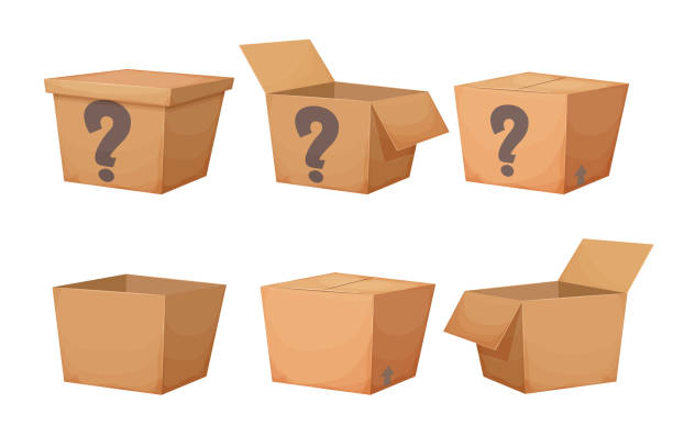 istock Set mystery cardboard box with question, closed present in cartoon style isolated on white background. Funny lucky package, greeting. Vector illustration 1351744957