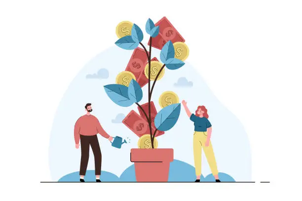 Vector illustration of Man and woman growing tree with coins and money