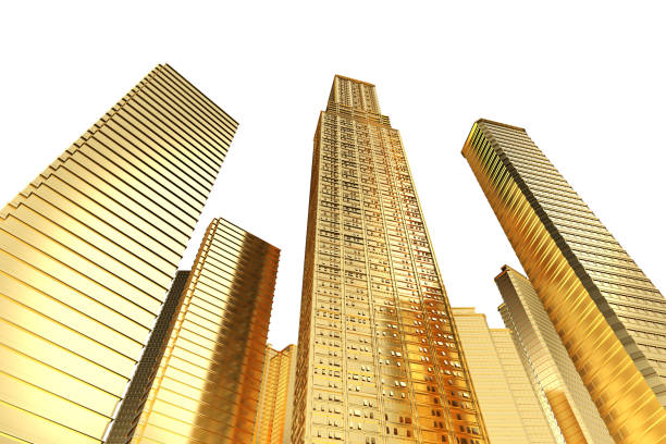 3d rendering golden high rise building exterior isolated on white background