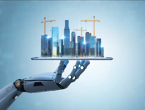 Smart city with 3d rendering robot with development city