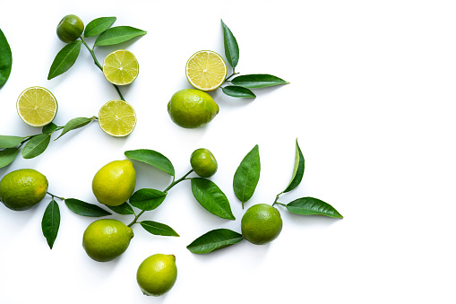 Lime Citrus fruits cut arrangement with leaves isolated on white background