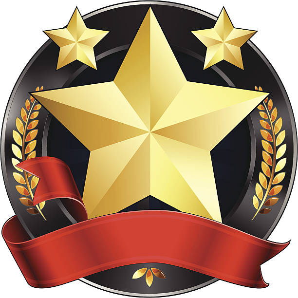 Achievement Award Star in Gold with Red Ribbon, Vector Illustration. Vector illustration of a gold star award or sports plaque medal. Red ribbon is wrapped around it. Gold stars and gold wreaths surround the reward. Representations include: Achievement, Winning, 1st Place, Best Player or Most Valuable Player of a game, Quality Product, or any other type of success. most valuable player stock illustrations