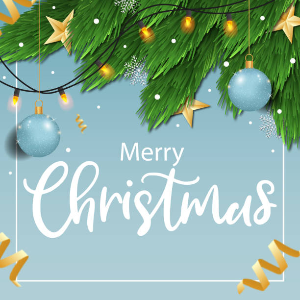 istock Festive New Year background congratulation Merry Christmas, postcard web template with decorated tree and decorations 1351747256