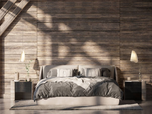 istock Front view of wooden cabin bedroom 1351751403