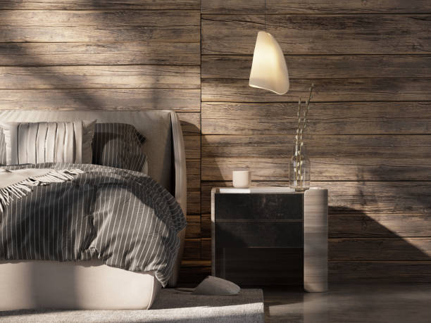 деревянная спальня - cozy bedside стоковые фото и изображения