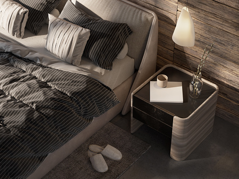 Close-up perspective shot detail of old wooden cabin bedroom,  concrete flooring, modern furniture. 3D render