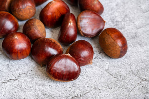 frische edelkastanien. geröstete kastanien. zementhintergrund - chestnut isolated tree three objects stock-fotos und bilder