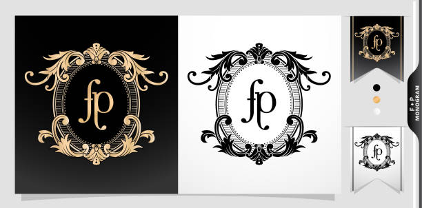 illustration of a FP or PF monogram, coat of arms FP initial letter. graphic name Frames and Border of floral designs, applicable for insignia, wedding couple name, badge label premium design illustration of a FP or PF monogram, coat of arms FP initial letter. graphic name Frames and Border of floral designs, applicable for insignia, wedding couple name, badge label premium design antique illustration of ornate letter f stock illustrations