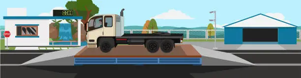 Vector illustration of Large trucks empty car no have carrying cargo.  on the weighing scale. Control station and building on the black.