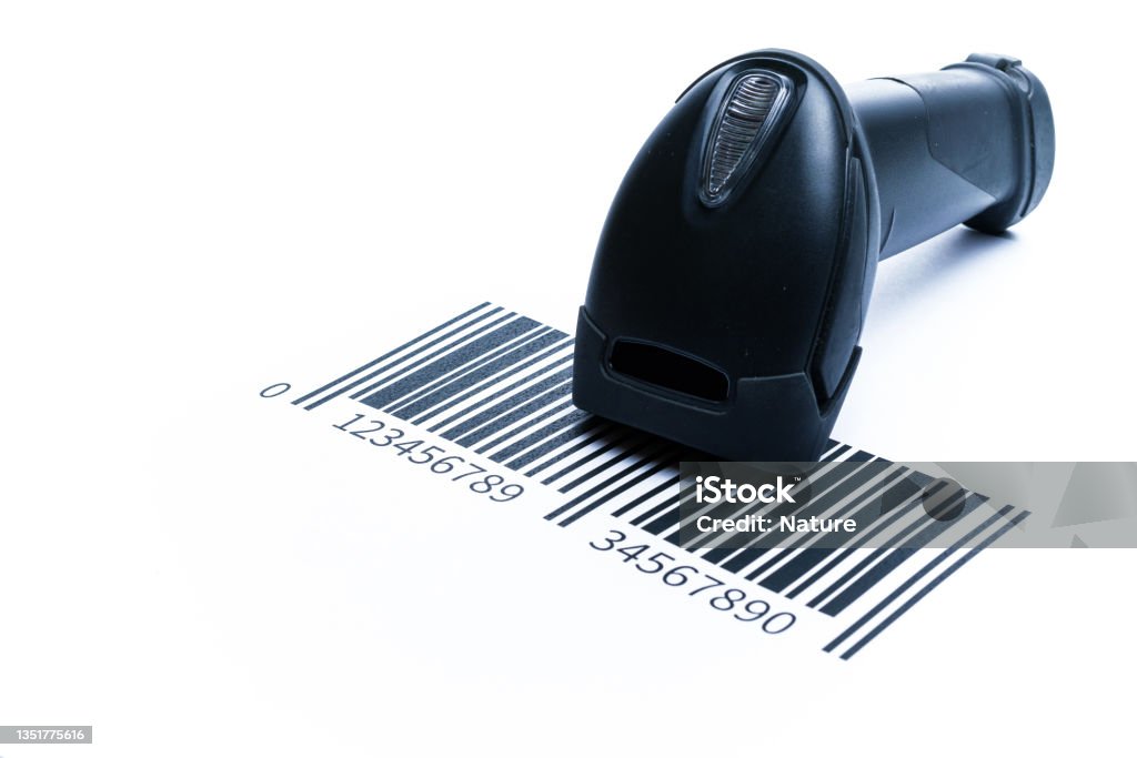 Barcode scanning. Reader laser scanner for warehouse. Retail label barcode scan isolated on white background. Warehouse inventory management. Barcode scanning. Reader laser scanner for warehouse. Retail label barcode scan isolated on white background. Warehouse inventory management Bar Code Reader Stock Photo