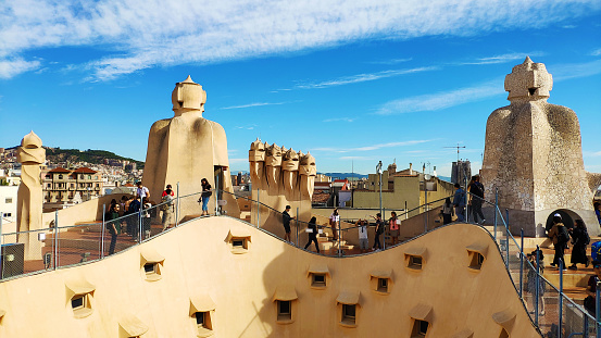 Casa Mila rooftop house chimneys in Barcelona, Spain